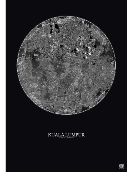Affiche Kuala Lumpur – Poster vue satellite 10km N&B | Gravura – Fond foncé