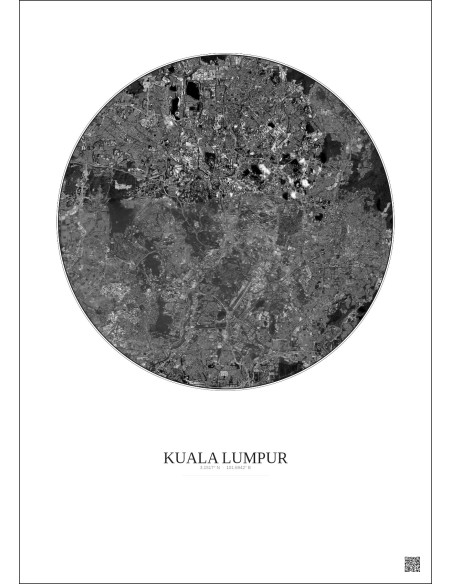 Affiche Kuala Lumpur – Poster vue satellite 10km N&B | Gravura – Fond clair