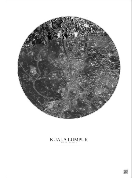 Affiche Kuala Lumpur – Poster vue satellite 2.5km N&B | Gravura – Fond clair
