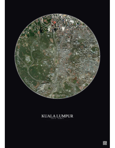 Affiche Kuala Lumpur – Poster vue satellite 2.5km Couleur | Gravura – Fond foncé