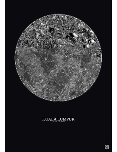 Affiche Kuala Lumpur – Poster vue satellite 6km N&B | Gravura – Fond foncé