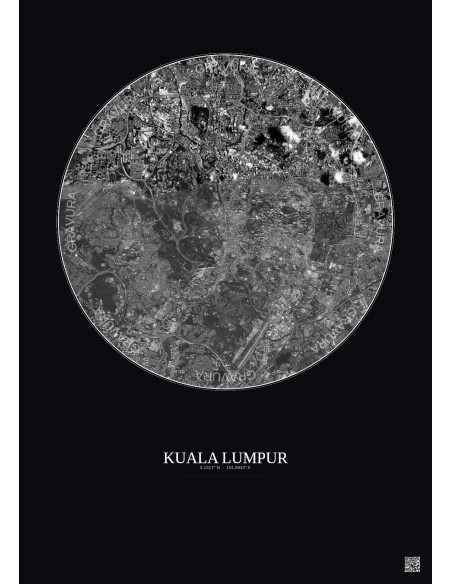Affiche Kuala Lumpur – Poster vue satellite 6km N&B | Gravura – Fond foncé
