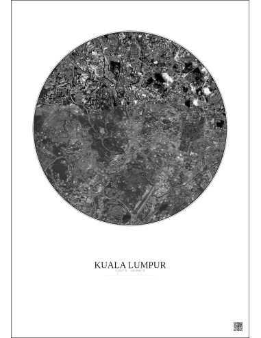 Affiche Kuala Lumpur – Poster vue satellite 6km N&B | Gravura – Fond clair