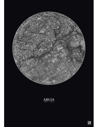 Affiche Abuja – Poster vue satellite 2.5km N&B | Gravura – Fond foncé