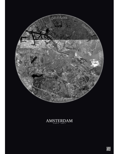 Amsterdam Satellite View Poster 10km B&W | Gravura – Dark background