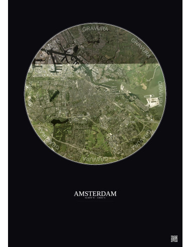 Amsterdam Satellite View Poster 10km Color | Gravura – Dark background