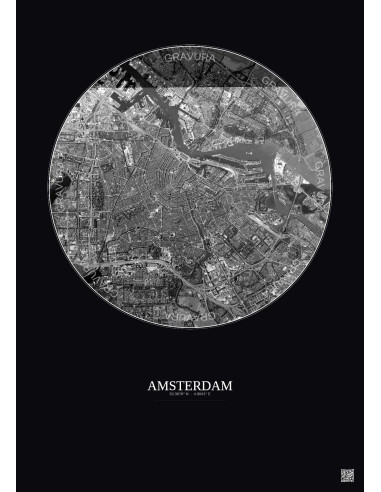 Amsterdam Satellite View Poster 6km B&W | Gravura – Dark background