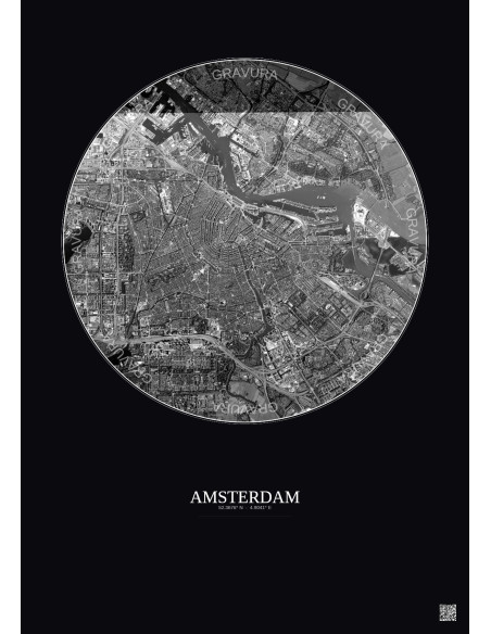 Amsterdam Satellite View Poster 6km B&W | Gravura – Dark background