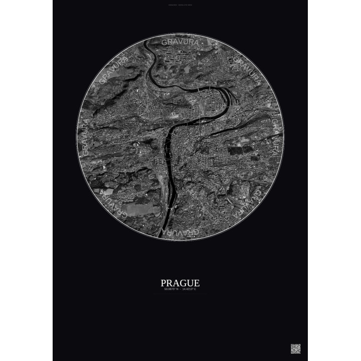 Affiche Prague – Poster vue satellite 6km N&B | Gravura – Fond foncé