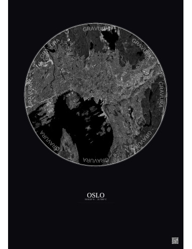 Affiche Oslo – Poster vue satellite 10km N&B | Gravura – Fond foncé