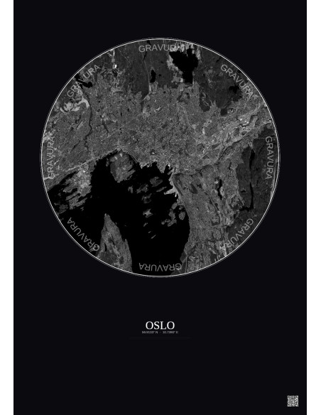 Affiche Oslo – Poster vue satellite 10km N&B | Gravura – Fond foncé