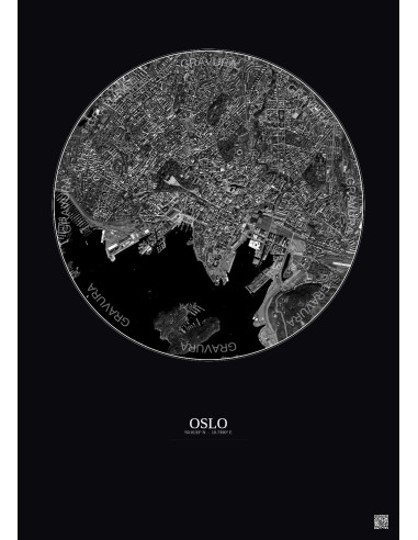 Affiche Oslo – Poster vue satellite 2.5km N&B | Gravura – Fond foncé