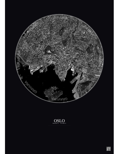 Affiche Oslo – Poster vue satellite 2.5km N&B | Gravura – Fond foncé