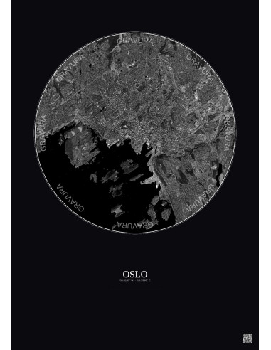 Affiche Oslo – Poster vue satellite 6km N&B | Gravura – Fond foncé
