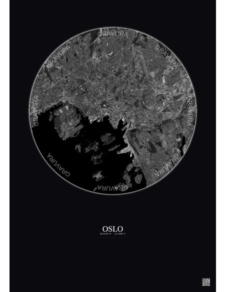 Affiche Oslo – Poster vue satellite 6km N&B | Gravura – Fond foncé