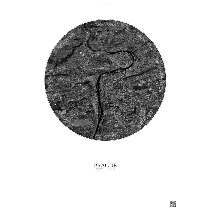 Affiche Prague – Poster vue satellite 6km N&B | Gravura – Fond clair