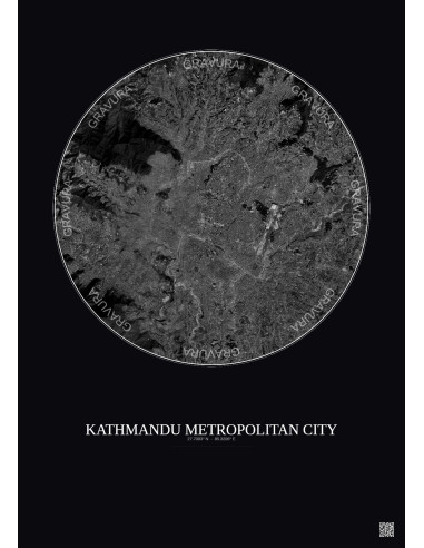 Affiche Kathmandu Metropolitan City – Poster vue satellite 10km N&B | Gravura – Fond foncé