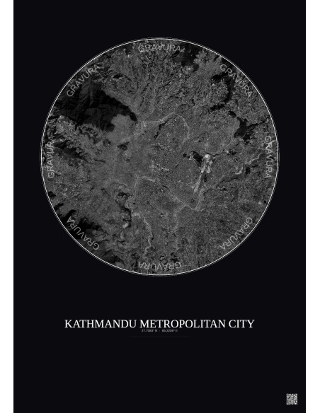 Affiche Kathmandu Metropolitan City – Poster vue satellite 10km N&B | Gravura – Fond foncé
