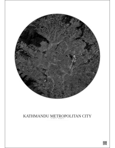 Affiche Kathmandu Metropolitan City – Poster vue satellite 10km N&B | Gravura – Fond clair