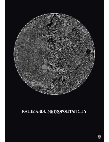Affiche Kathmandu Metropolitan City – Poster vue satellite 2.5km N&B | Gravura – Fond foncé