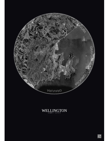Affiche Wellington – Poster vue satellite 10km N&B | Gravura – Fond foncé