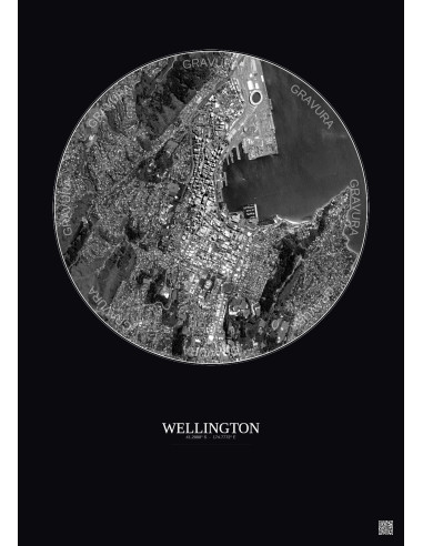 Affiche Wellington – Poster vue satellite 2.5km N&B | Gravura – Fond foncé