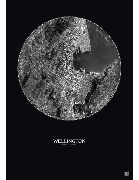 Affiche Wellington – Poster vue satellite 2.5km N&B | Gravura – Fond foncé