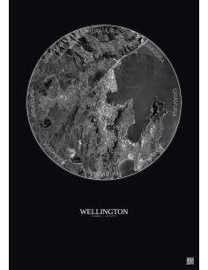 Affiche Wellington – Poster vue satellite 6km N&B | Gravura – Fond foncé