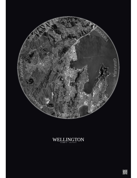 Affiche Wellington – Poster vue satellite 6km N&B | Gravura – Fond foncé