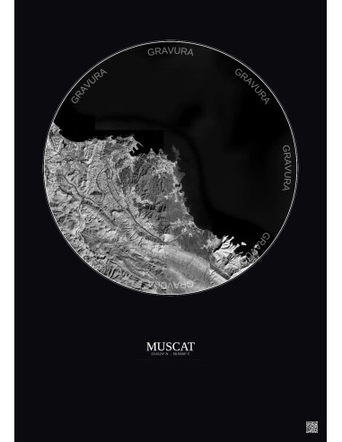 Affiche Muscat – Poster vue satellite 10km N&B | Gravura – Fond foncé