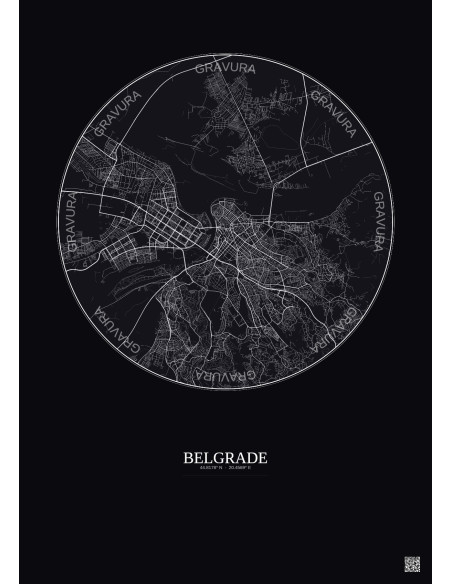 Affiche Belgrade – Poster carte de ville 10km | Gravura – Fond foncé