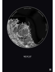 Affiche Muscat – Poster vue satellite 6km N&B | Gravura – Fond foncé