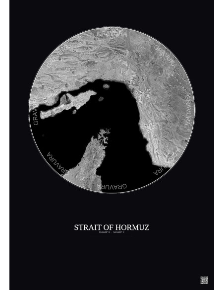 Strait Of Hormuz Satellite View Poster 150km B&W | Gravura – Dark background