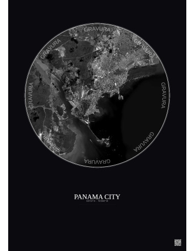 Panama City Satellite View Poster 10km B&W | Gravura – Dark background