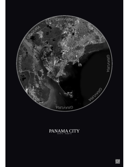 Panama City Satellite View Poster 10km B&W | Gravura – Dark background