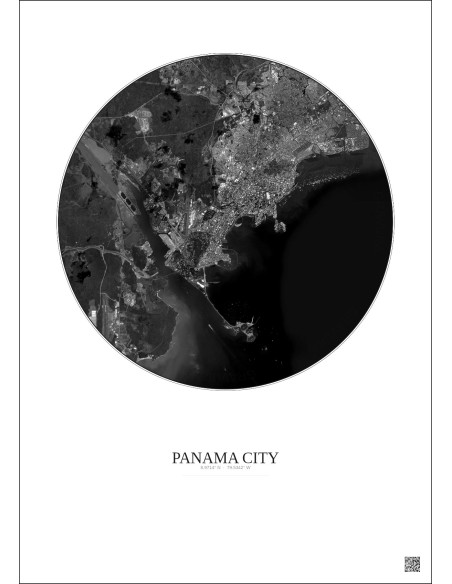 Affiche Panama City – Poster vue satellite 10km N&B | Gravura – Fond clair