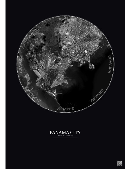 Panama City Satellite View Poster 6km B&W | Gravura – Dark background