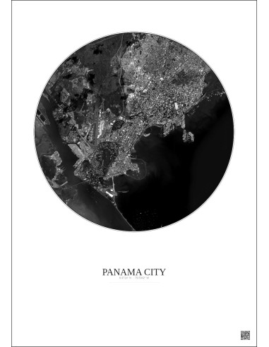 Panama City Satellite View Poster 6km B&W | Gravura – Light background