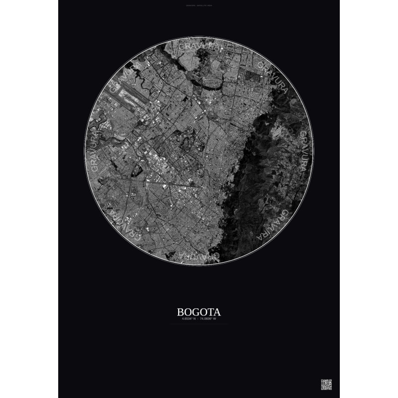 Affiche Bogota – Poster vue satellite 10km N&B | Gravura – Fond foncé