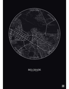 Affiche Belgrade – Poster carte de ville 6km | Gravura – Fond foncé
