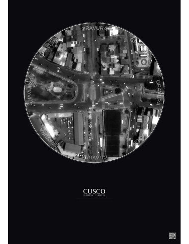 Cusco Satellite View Poster 0.1km B&W | Gravura – Dark background