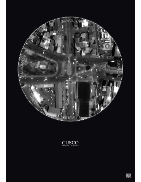 Cusco Satellite View Poster 0.1km B&W | Gravura – Dark background