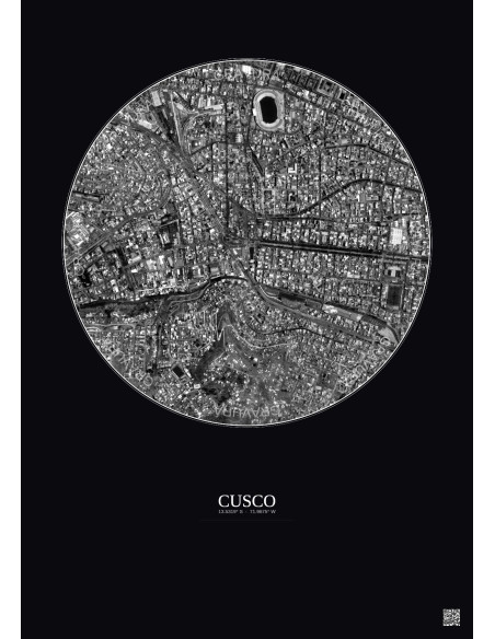Cusco Satellite View Poster 1km B&W | Gravura – Dark background