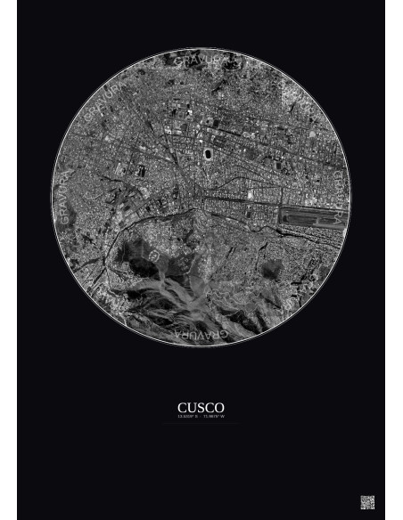 Cusco Satellite View Poster 2.5km B&W | Gravura – Dark background