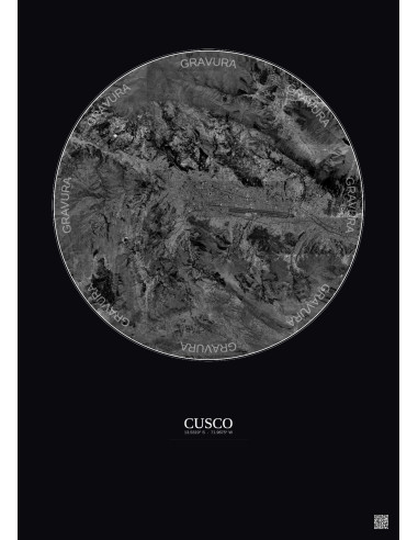 Cusco Satellite View Poster 10km B&W | Gravura – Dark background
