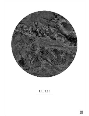 Cusco Satellite View Poster 10km B&W | Gravura – Light background