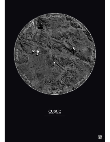 Cusco Satellite View Poster 20km B&W | Gravura – Dark background