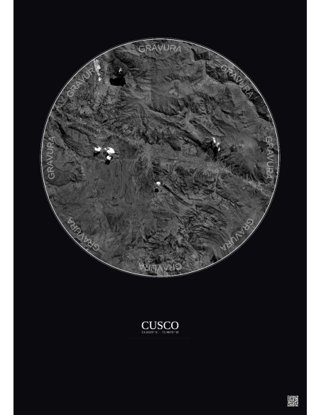 Cusco Satellite View Poster 20km B&W | Gravura – Dark background