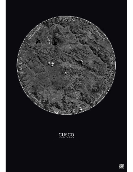 Cusco Satellite View Poster 30km B&W | Gravura – Dark background