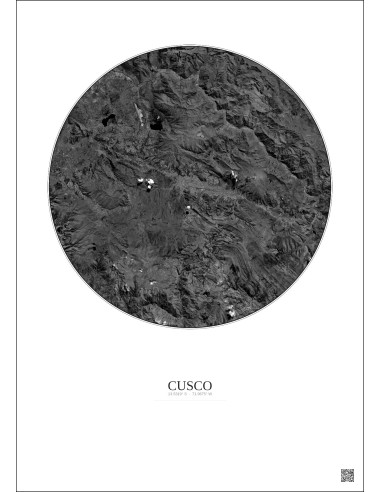 Affiche Cusco – Poster vue satellite 30km N&B | Gravura – Fond clair